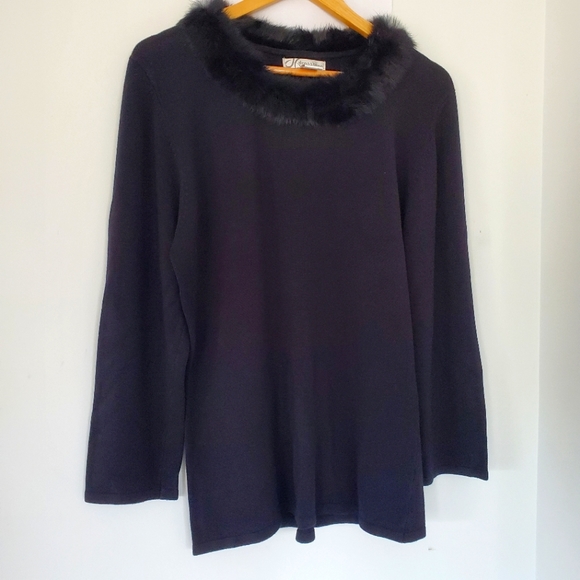 DRESS BARN Sz XL Black Rayon Knit Sweater Black Faux Fur Collar Mobwife Dressy - Picture 13 of 14